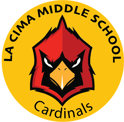 Yellow logo with red cardinal. The logo says La Cima Middle School.